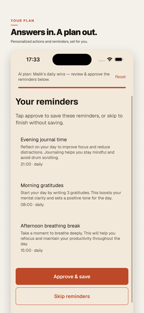 Plan and reminders screen